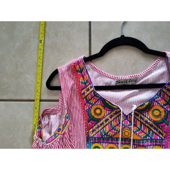 SAHIBA Stripe Flower Pot Patio House Dress TASSELS Red White L/XL - Picture 15 of 16